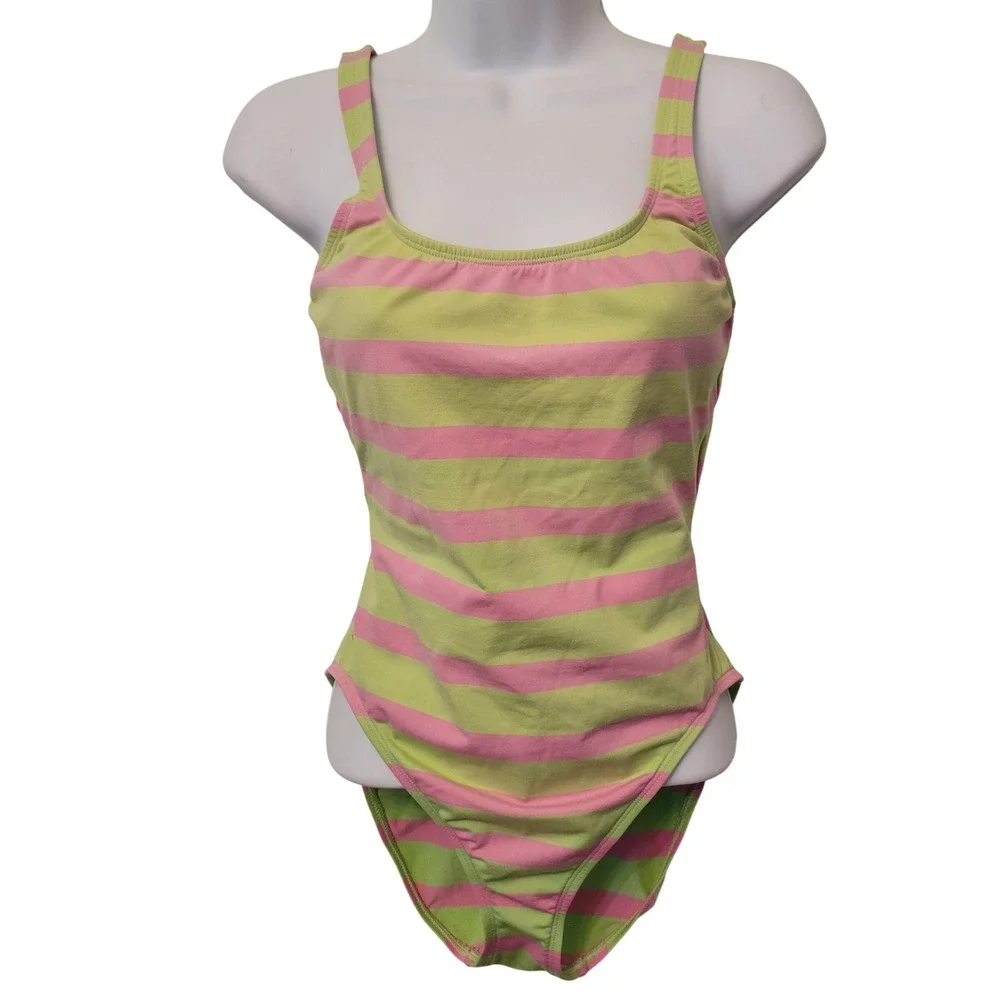 Vintage Ralph Lauren Sport 10 Swimsuit Pink Green Stripe Pony Logo USA Beach